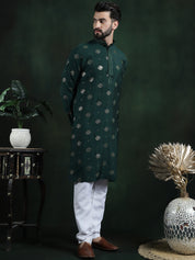 Men's Cotton Silk Sequinned Embroidered Green Kurta With White Pyjama