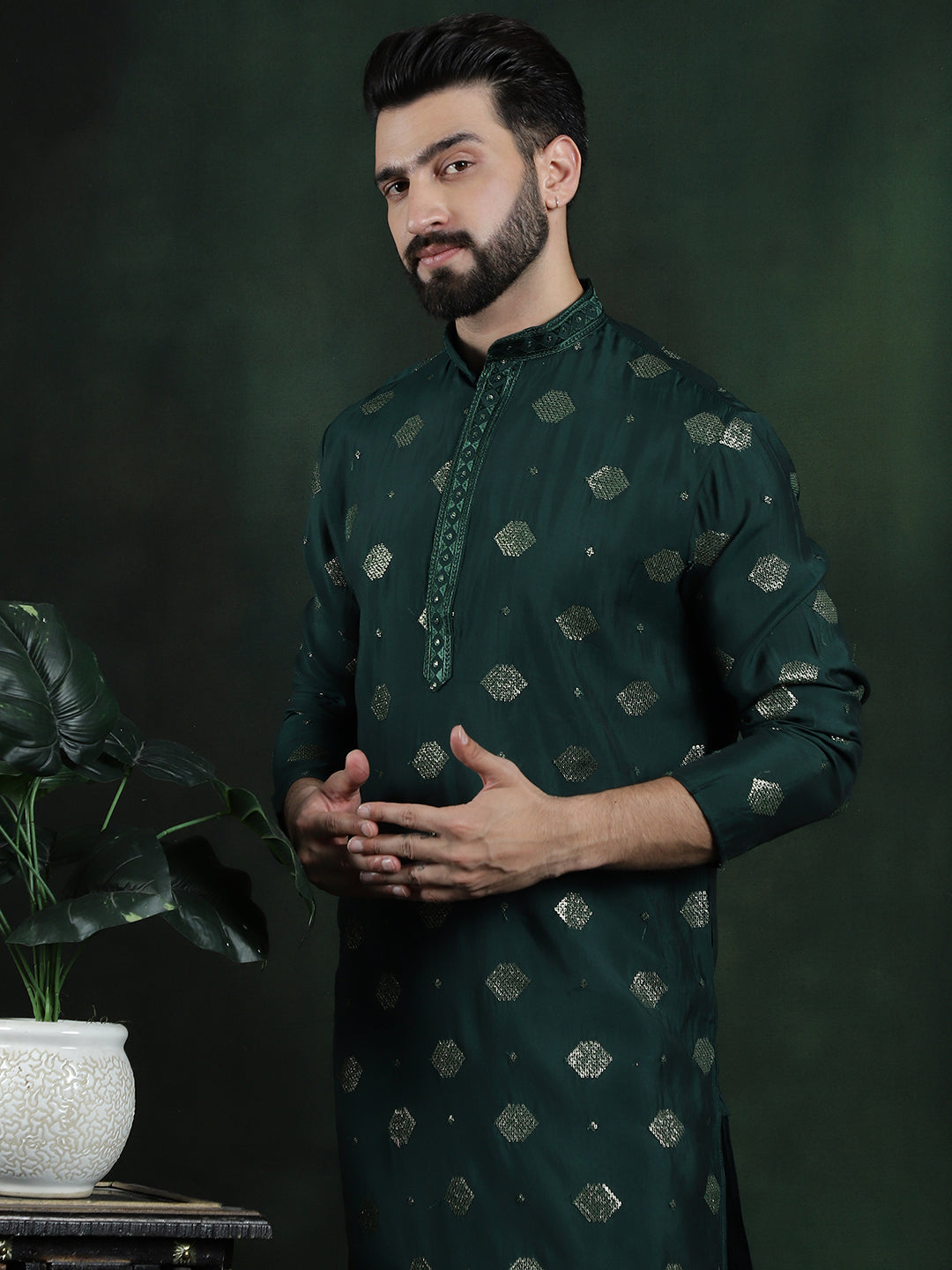 Men's Cotton Silk Sequinned Embroidered Green Kurta With White Pyjama