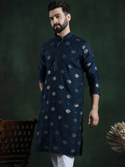 Men's Cotton Silk Sequinned Embroidered Navy Blue Long Kurta