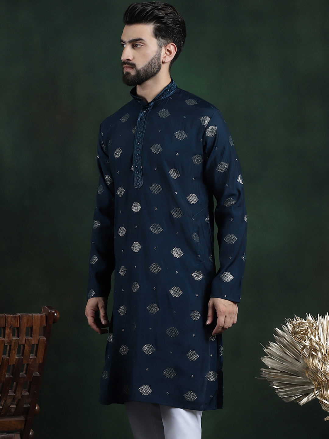 Men's Cotton Silk Sequinned Embroidered Navy Blue Long Kurta