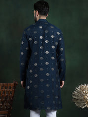 Men's Cotton Silk Sequinned Embroidered Navy Blue Long Kurta