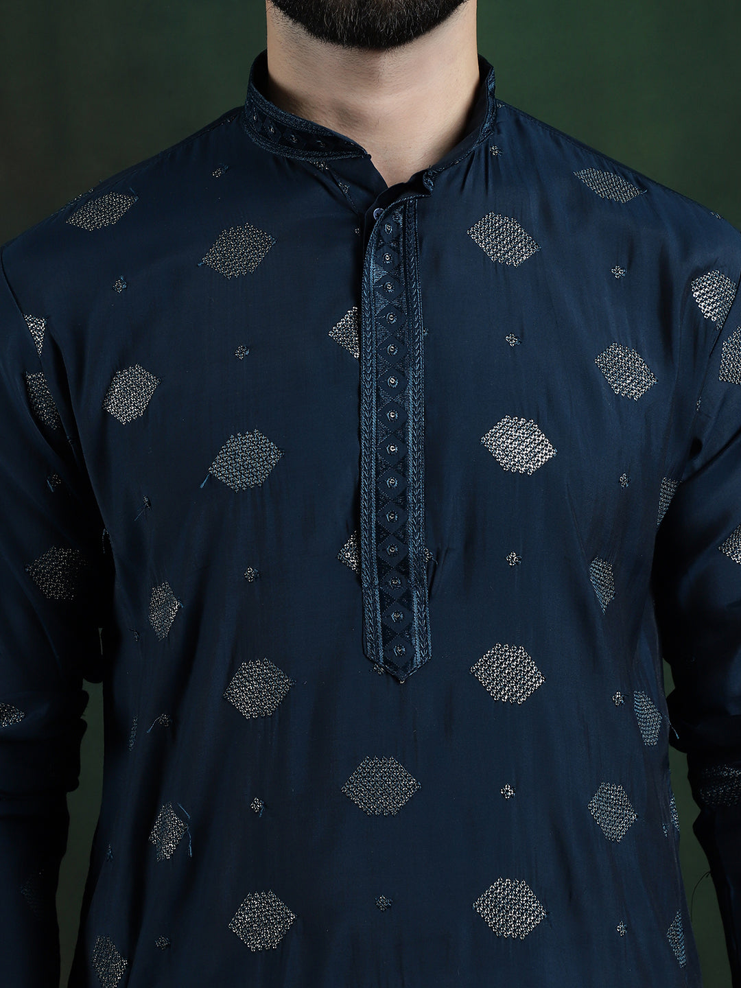 Men's Cotton Silk Sequinned Embroidered Navy Blue Long Kurta