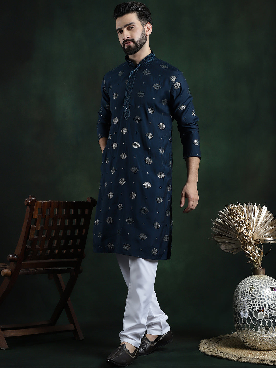 Men's Cotton Silk Sequinned Embroidered Navy Blue Long Kurta