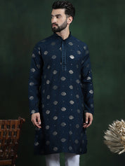 Men's Cotton Silk Sequinned Embroidered Navy Blue Long Kurta