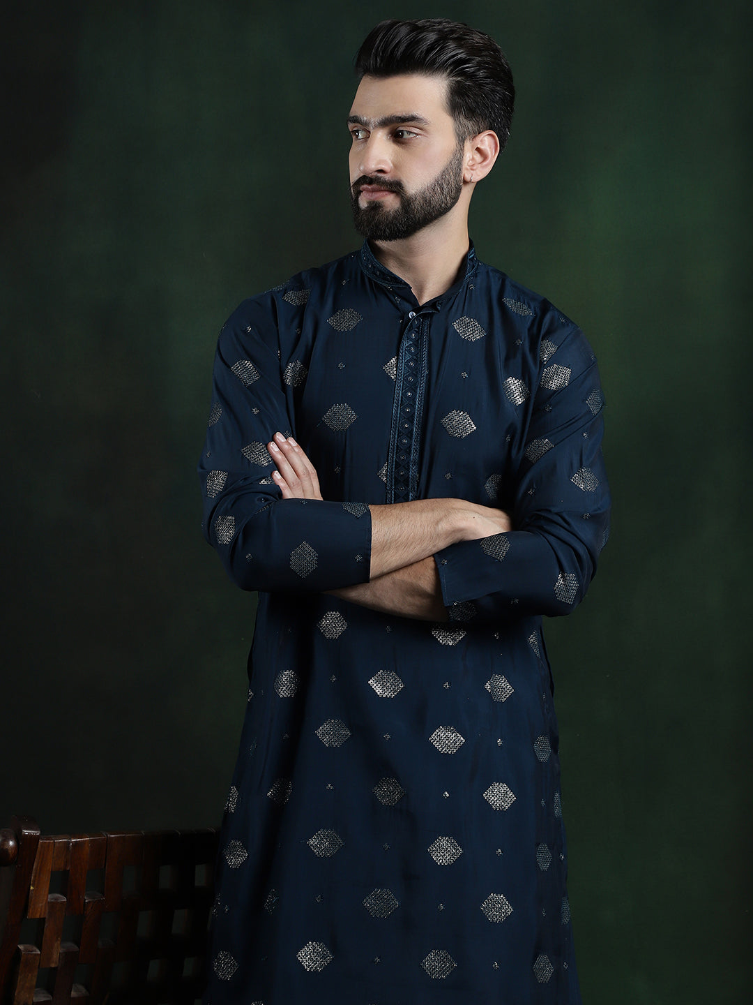 Men's Cotton Silk Sequinned Embroidered Navy Blue Long Kurta