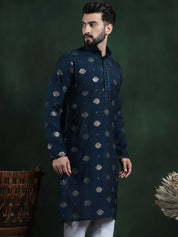 Men's Cotton Silk Sequinned Embroidered Navy Blue Long Kurta