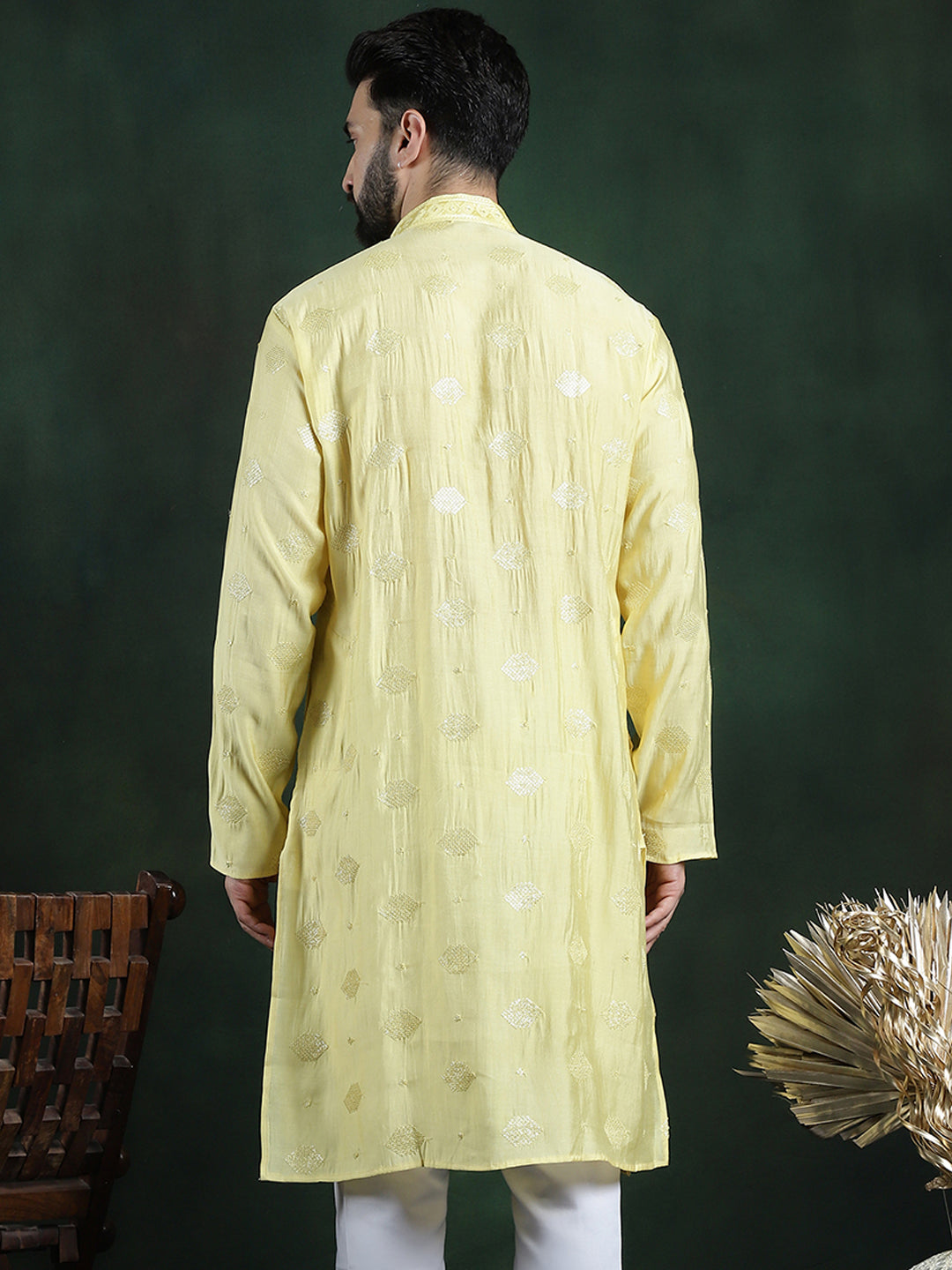 Men's Cotton Silk Sequinned Embroidered Yellow Long Kurta