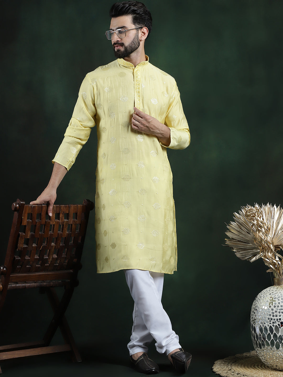 Men's Cotton Silk Sequinned Embroidered Yellow Kurta With White Pyjama