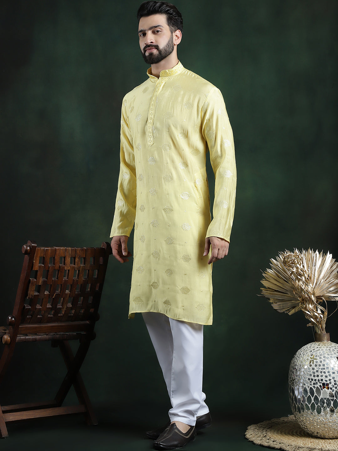 Men's Cotton Silk Sequinned Embroidered Yellow Kurta With White Pyjama