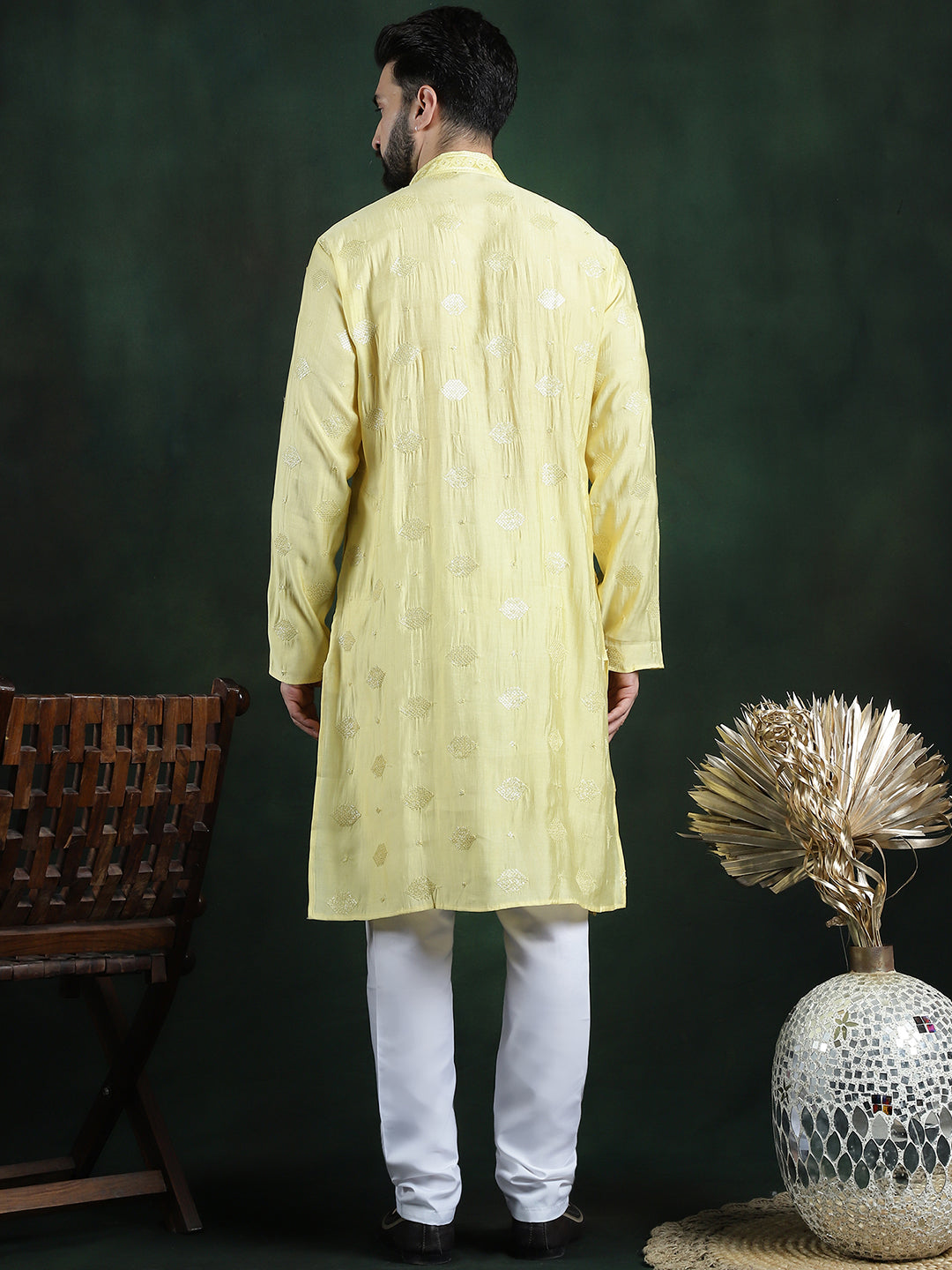 Men's Cotton Silk Sequinned Embroidered Yellow Kurta With White Pyjama