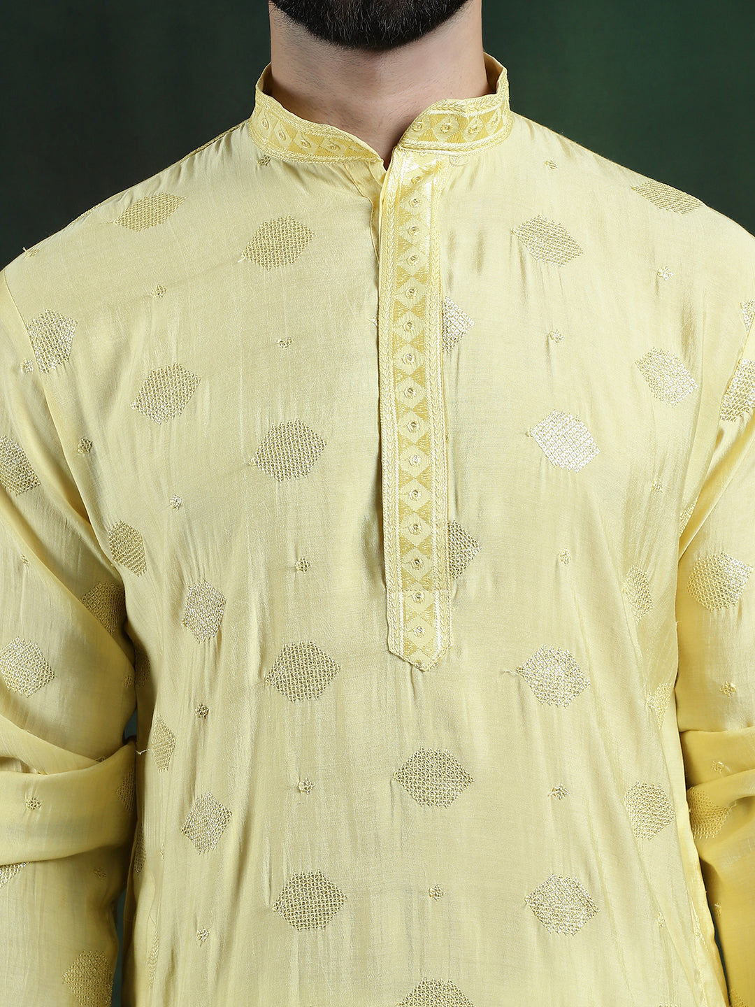 Men's Cotton Silk Sequinned Embroidered Yellow Kurta With White Pyjama