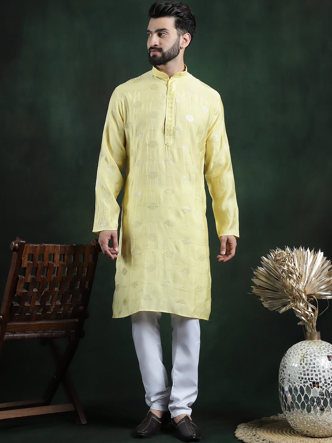 Men's Cotton Silk Sequinned Embroidered Yellow Kurta With White Pyjama