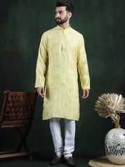 Men's Cotton Silk Sequinned Embroidered Yellow Kurta With White Pyjama