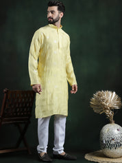 Men's Cotton Silk Sequinned Embroidered Yellow Kurta With White Pyjama