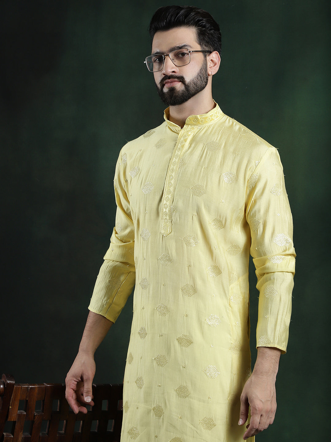 Men's Cotton Silk Sequinned Embroidered Yellow Kurta With White Pyjama