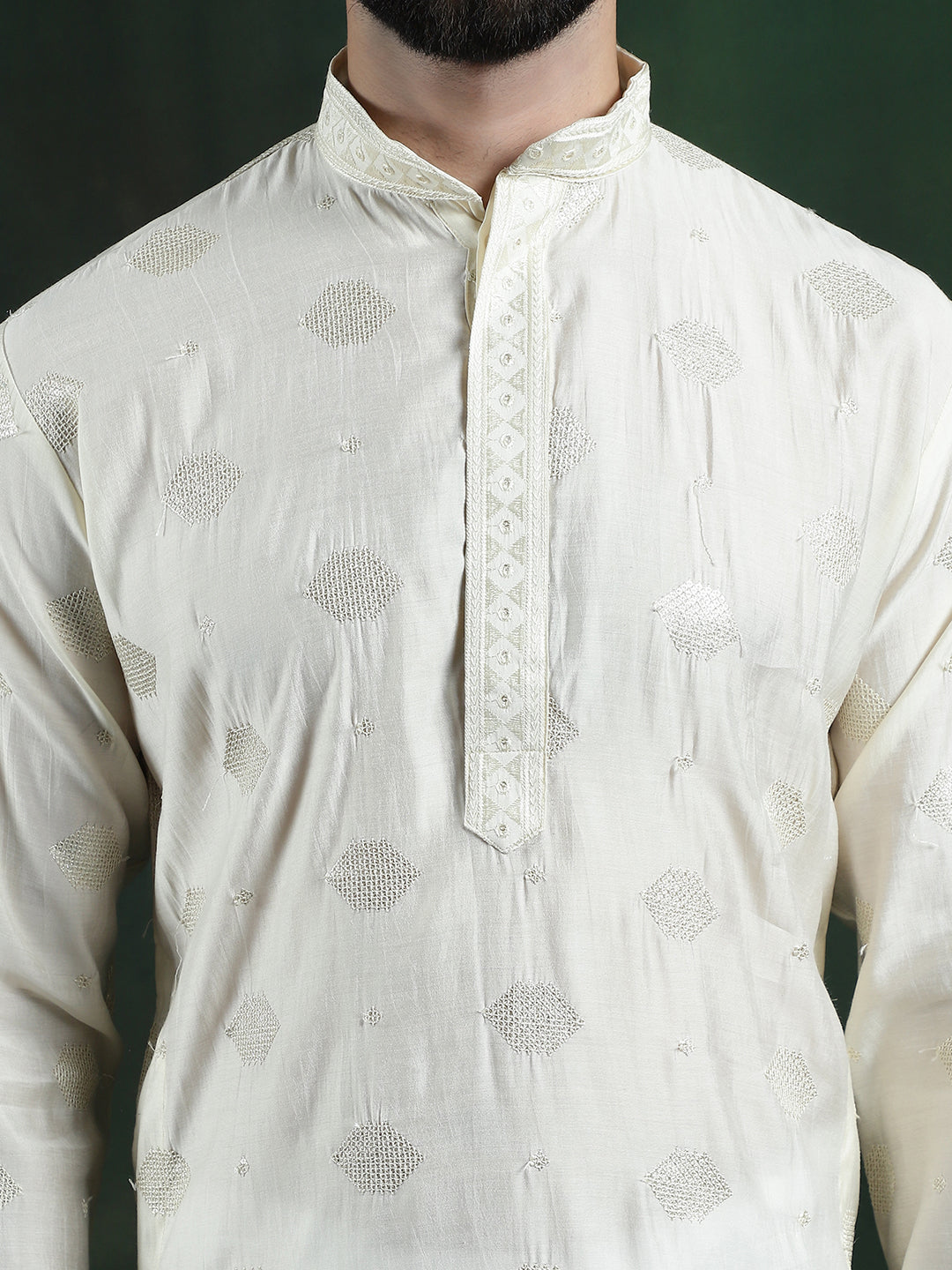 Men's Cotton Silk Sequinned Embroidered Cream Long Kurta