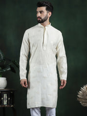 Men's Cotton Silk Sequinned Embroidered Cream Long Kurta