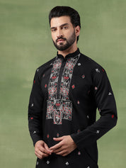 Men's Cotton Black Long Kurta with Unique Playing Cards Embroidery