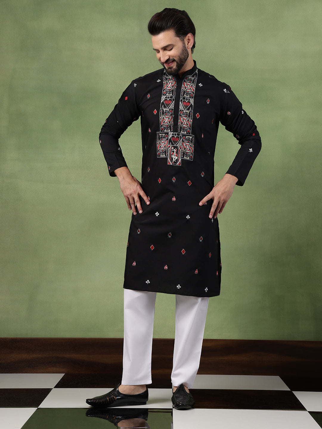 Men's Cotton Black Long Kurta with Unique Playing Cards Embroidery