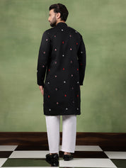 Men's Cotton Black Long Kurta with Unique Playing Cards Embroidery