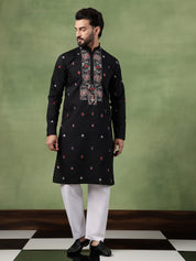 Men's Cotton Black Long Kurta with Unique Playing Cards Embroidery