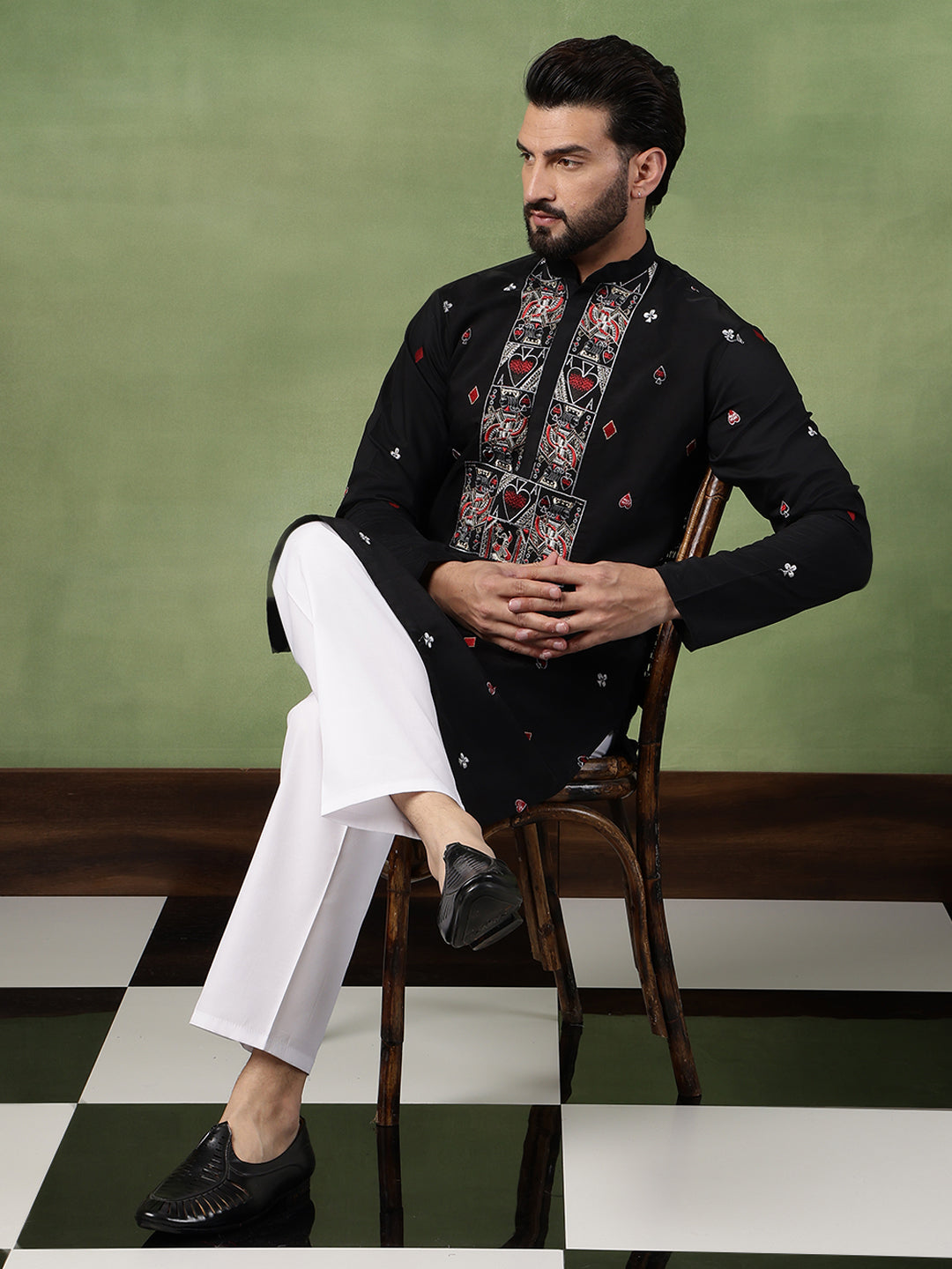 Men's Cotton Black Long Kurta with Unique Playing Cards Embroidery
