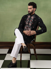 Men's Cotton Unique Cards Embroidered Black Kurta With Pyjama
