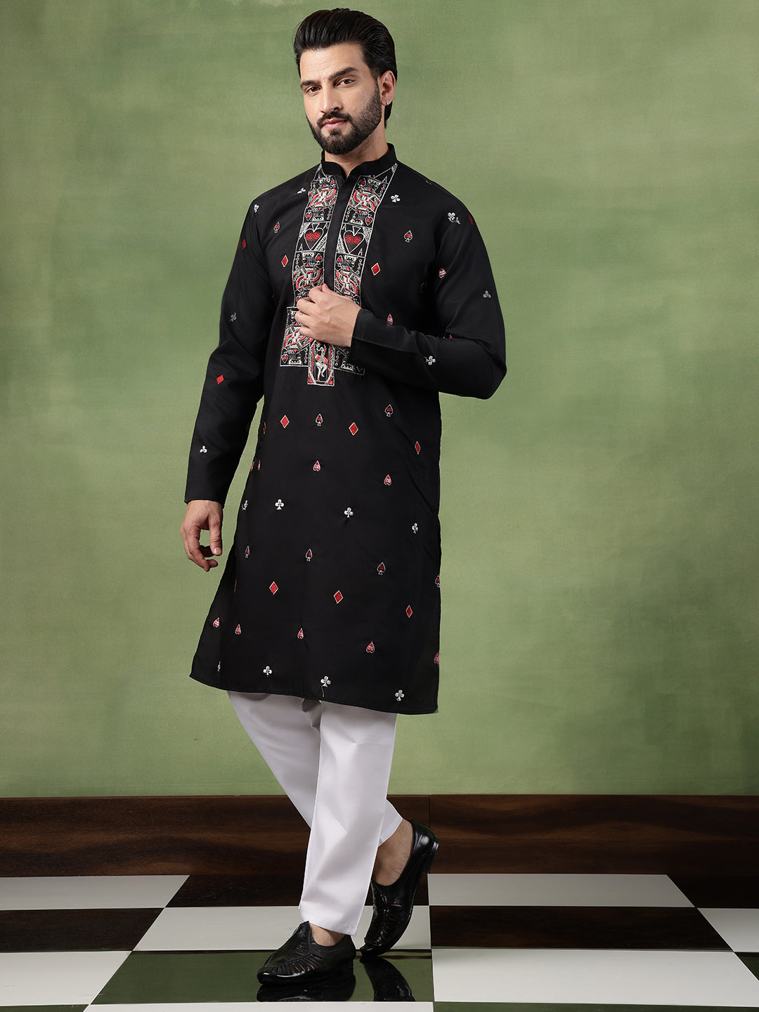 Men's Cotton Unique Cards Embroidered Black Kurta With Pyjama