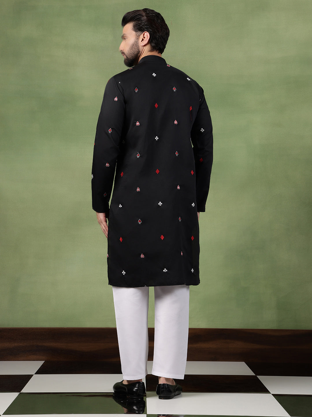 Men's Cotton Unique Cards Embroidered Black Kurta With Pyjama