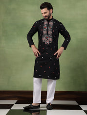 Men's Cotton Unique Cards Embroidered Black Kurta With Pyjama