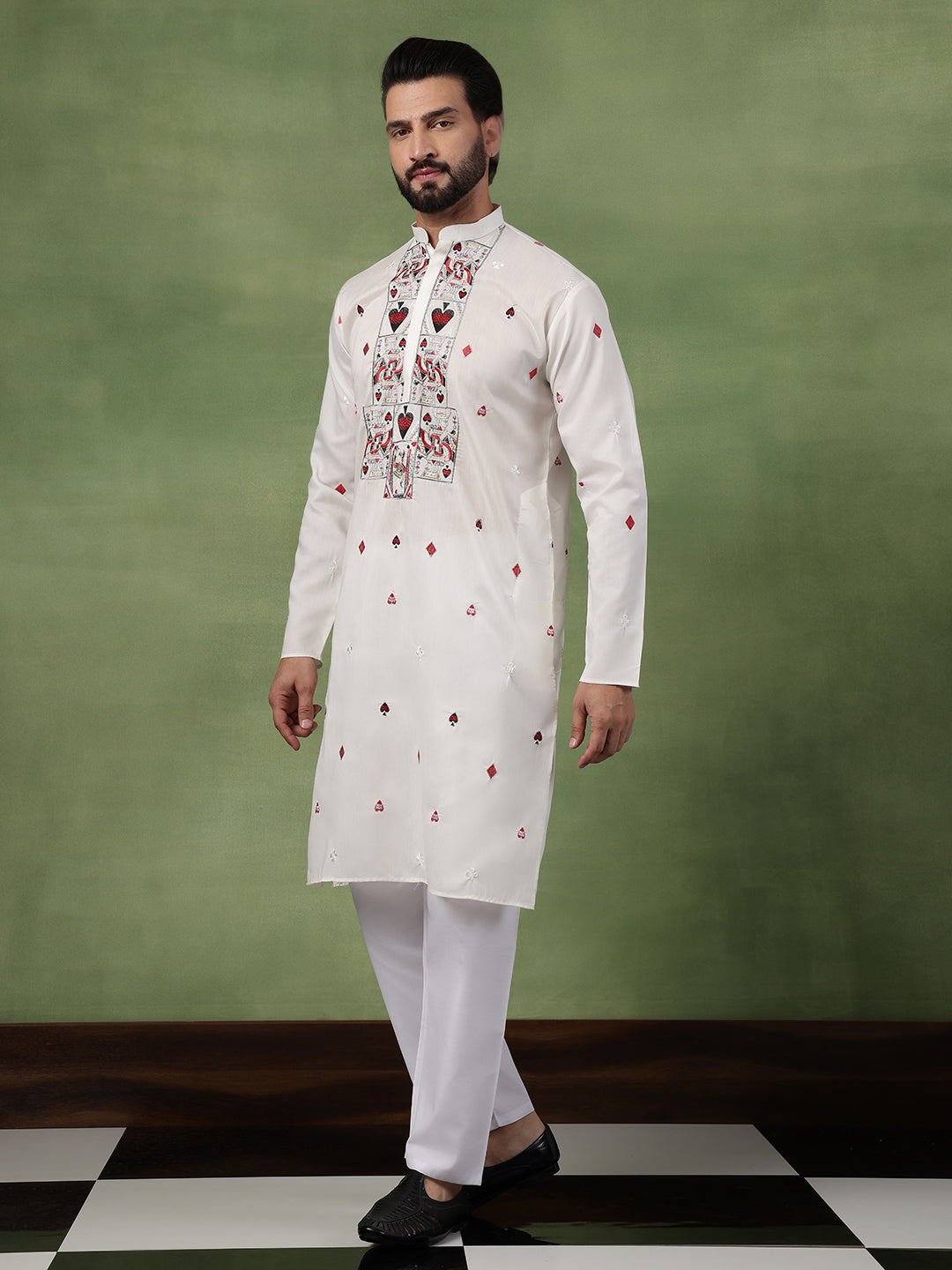 Men's Cotton Off-White Long Kurta with Unique Playing Cards Embroidery