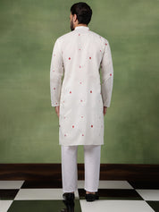 Men's Cotton Off-White Long Kurta with Unique Playing Cards Embroidery