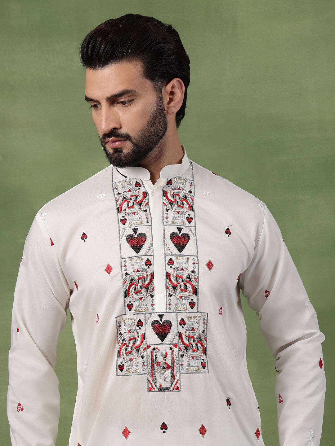 Men's Cotton Off-White Long Kurta with Unique Playing Cards Embroidery