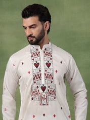 Men's Cotton Off-White Long Kurta with Unique Playing Cards Embroidery