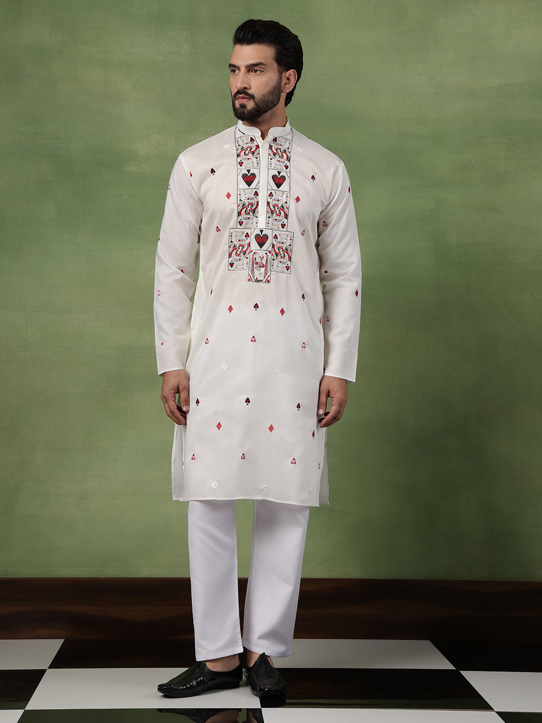 Men's Cotton Off-White Long Kurta with Unique Playing Cards Embroidery