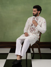 Men's Cotton Unique Cards Embroidered Off White Kurta With Pyjama