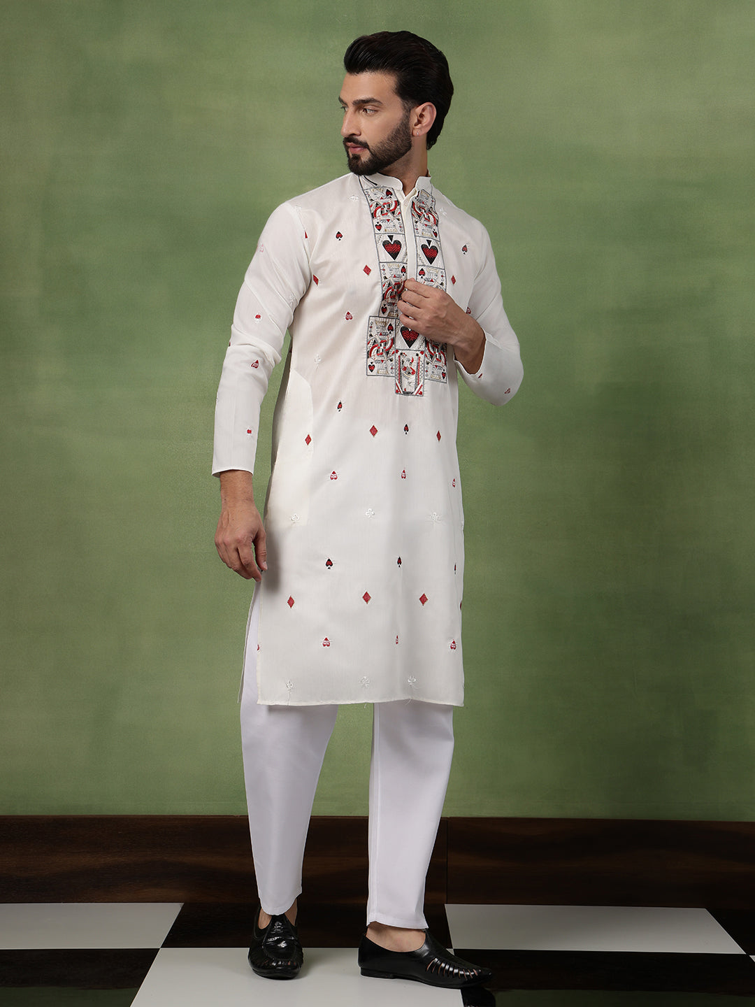 Men's Cotton Unique Cards Embroidered Off White Kurta With Pyjama