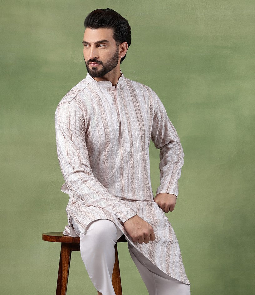 Men's Cotton Silk Sequin Panel Embroidered White Long Kurta