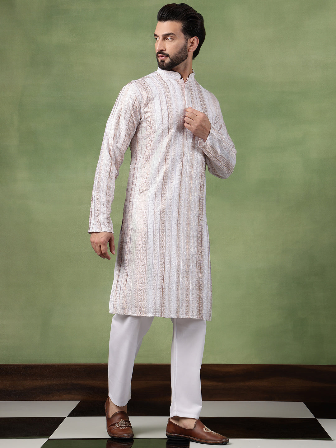 Men's Cotton Silk Sequin Panel Embroidered White Long Kurta