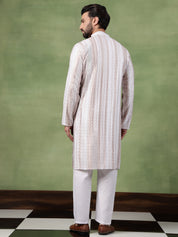 Men's Cotton Silk Sequin Panel Embroidered White Long Kurta