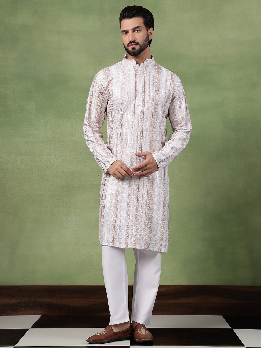 Men's Cotton Silk Sequin Panel Embroidered White Long Kurta