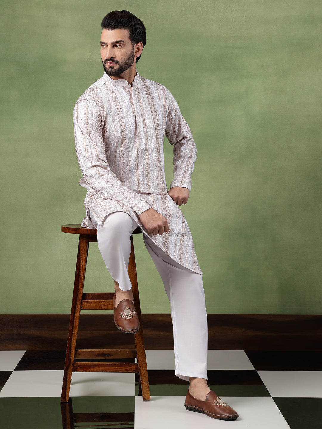 Men's Cotton Silk Sequin Panel Embroidered White Kurta and Pyjama