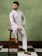 Men's Cotton Silk Sequin Panel Embroidered White Kurta and Pyjama