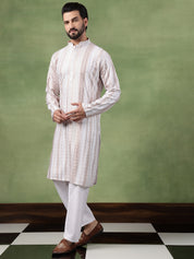 Men's Cotton Silk Sequin Panel Embroidered White Kurta and Pyjama