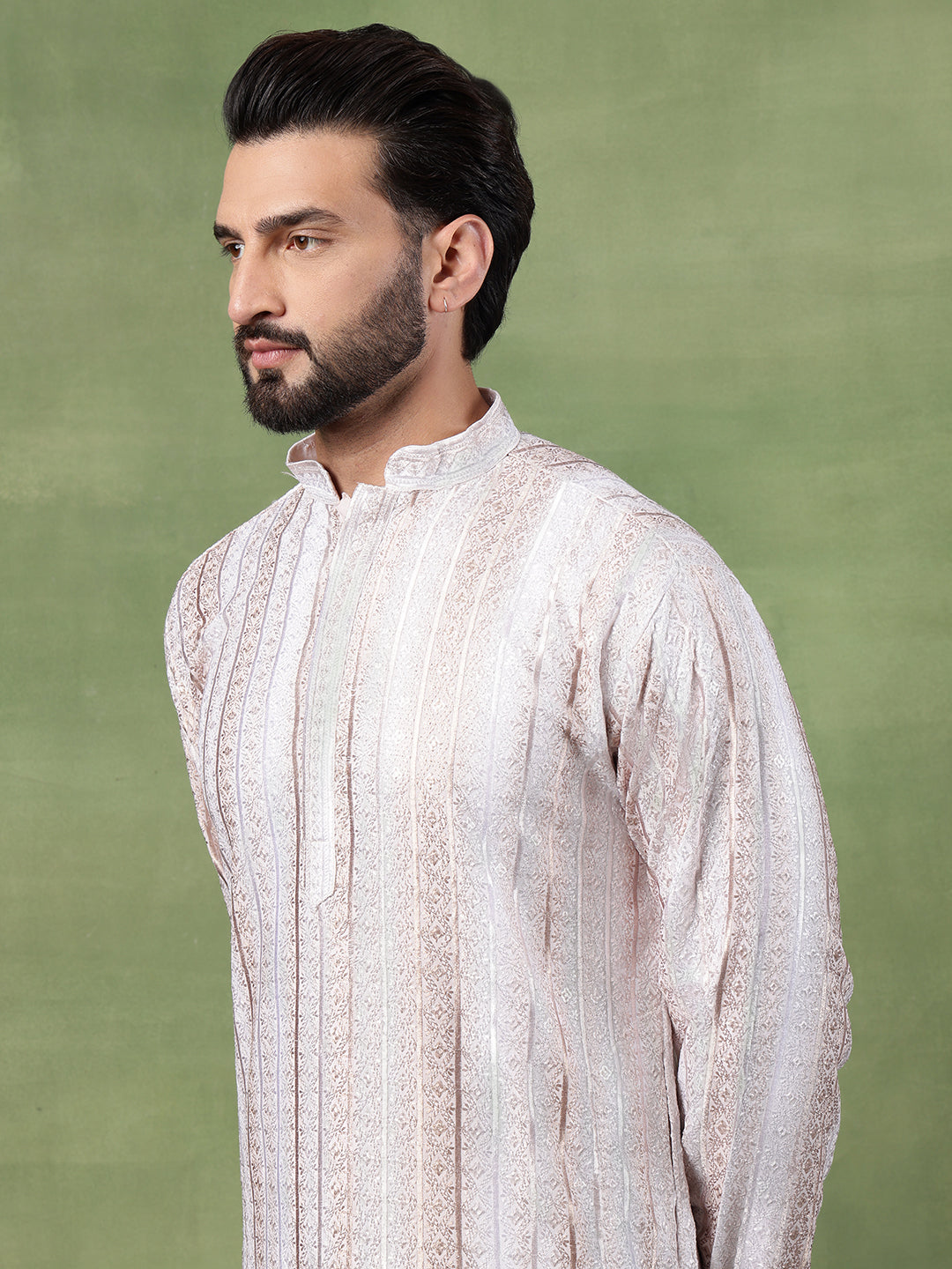 Men's Cotton Silk Sequin Panel Embroidered White Kurta and Pyjama