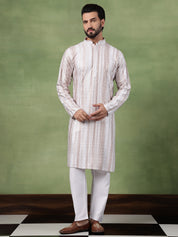 Men's Cotton Silk Sequin Panel Embroidered White Kurta and Pyjama