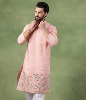 Men's Cotton Floral Zari Embroidered Pink Long Kurta