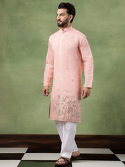 Men's Cotton Floral Zari Embroidered Pink Long Kurta