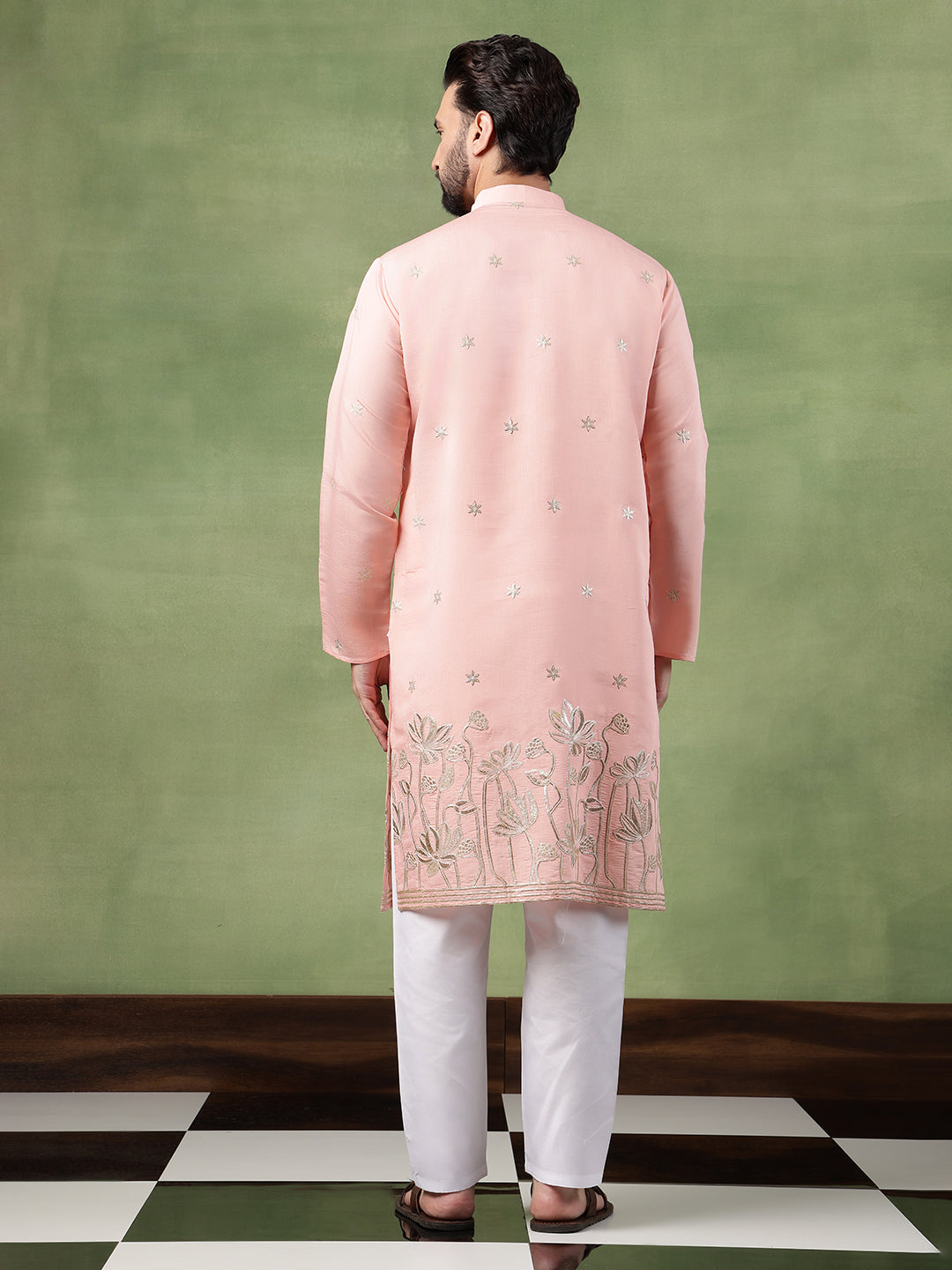 Men's Cotton Floral Zari Embroidered Pink Long Kurta