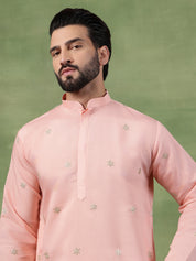 Men's Cotton Floral Zari Embroidered Pink Long Kurta